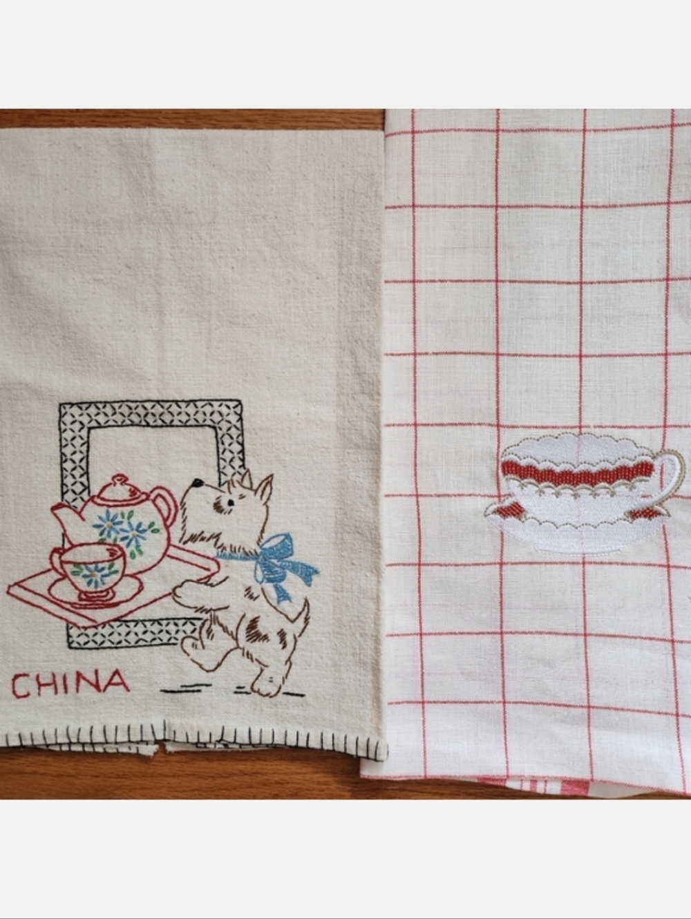 Two Kitchen Towels- Embroidered Linen Towel and Cotton Towel